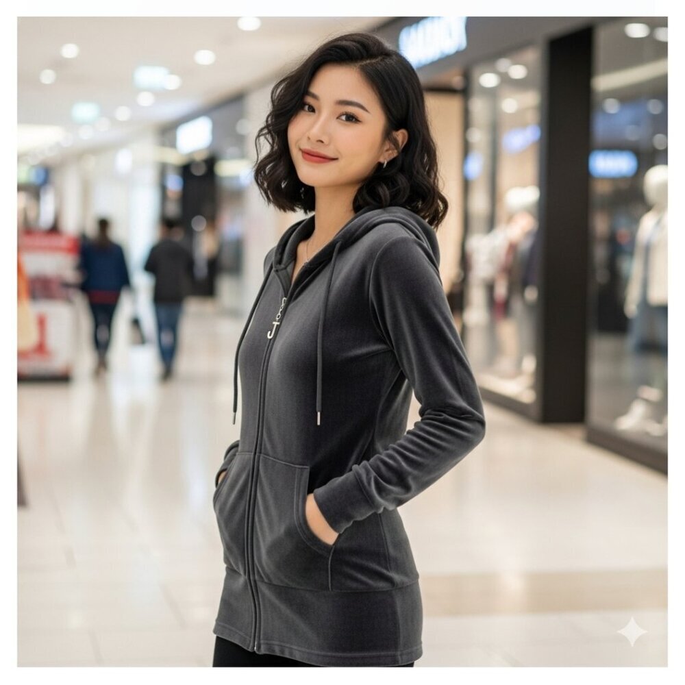 Juicy Couture Women's M Vintage Y2K Dark Gray Velour Zip Up Hoodie Sweater
